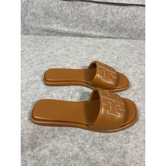 Tory Burch Double T Sport Slide Brown/Tan Gold Logo Size 8 - Picture 5 of 7